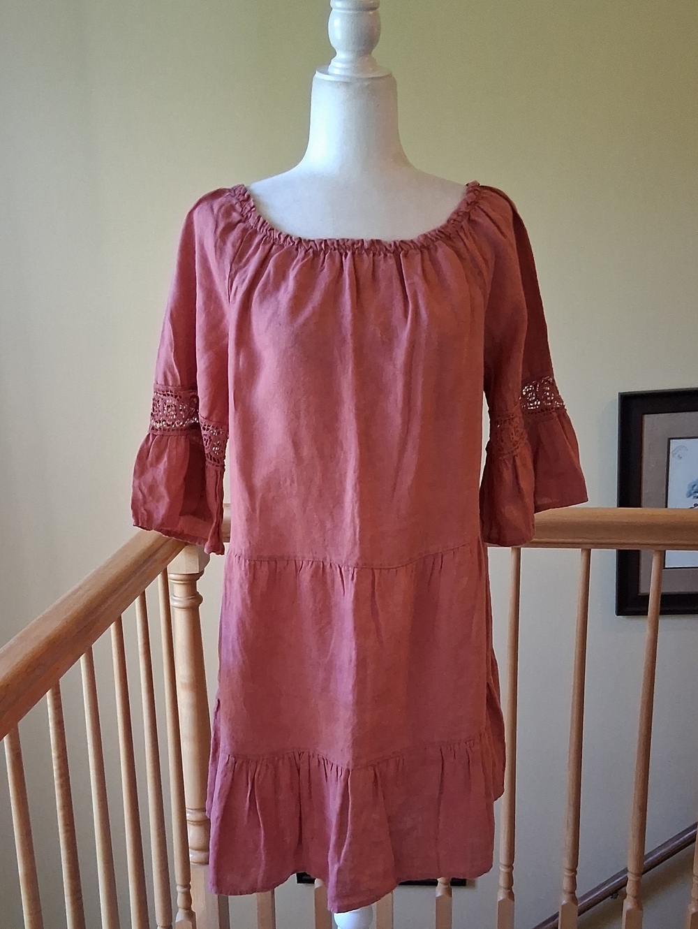 Terzo Millenio 100% Cotoon Boho Coral Tiered Peasant Tunic Dress Made In Italy
